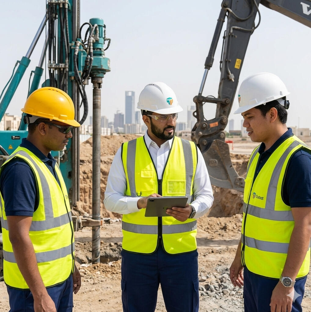 Skilled male velvet legacy technicians and engineers inspecting equipment at a construction site in Jeddah Saudi Arabia
