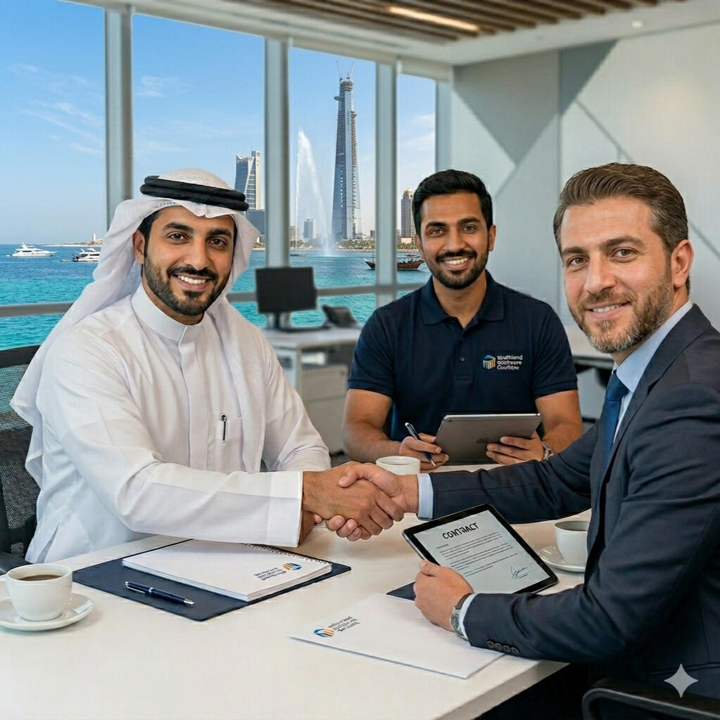 velvet-legacy-manpower-team-jeddah Professional diverse male velvet legacy workforce team in a modern office overlooking Jeddah coast