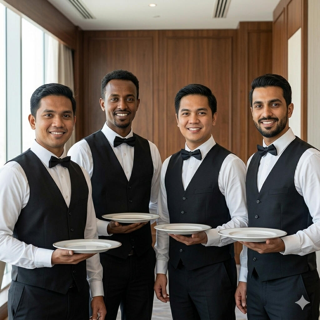 Group of professional male velvet legacy waiters in formal black vests and bow ties serving in a luxury hotel in Jeddah